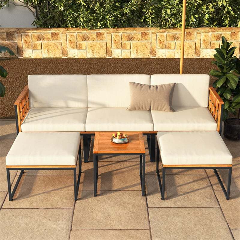6 Piece Acacia Wood Patio Furniture Set Outdoor Sectional Sofa Modular Conversation Set with Coffee Table, Cushions & Ottomans