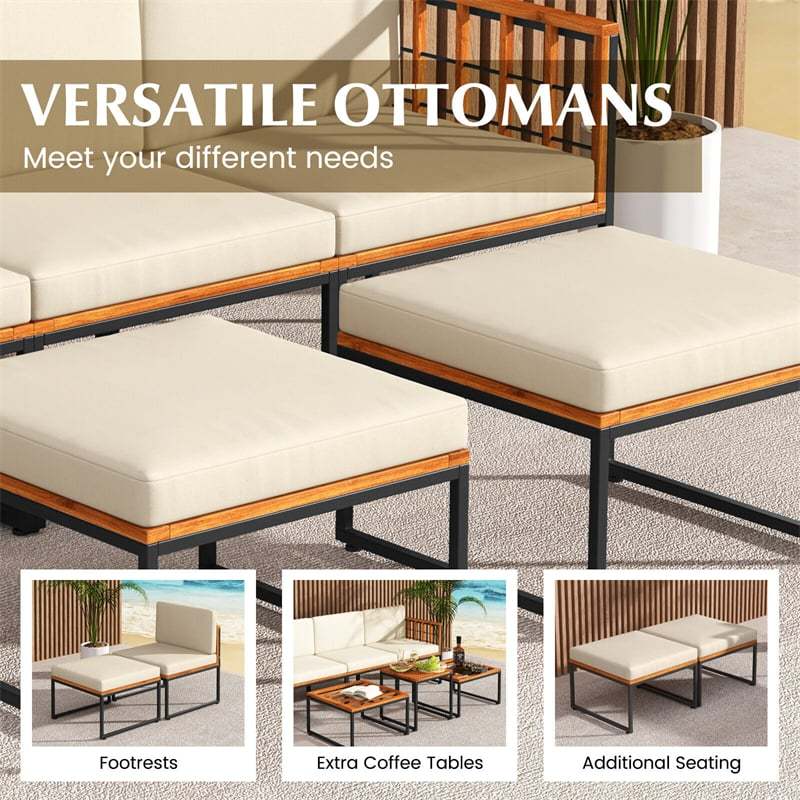 6 Piece Acacia Wood Patio Furniture Set Outdoor Sectional Sofa Modular Conversation Set with Coffee Table, Cushions & Ottomans