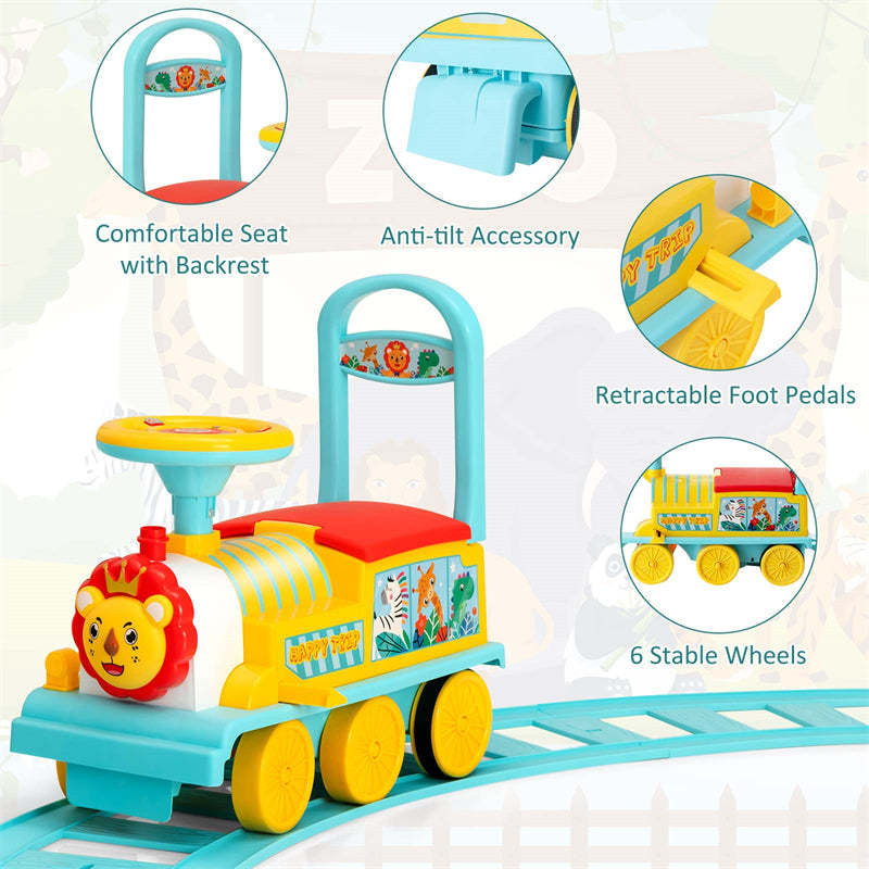 6V Electric Kids Ride On Train with Tracks, Storage Seat, Flashing Lights & Music, Battery Powered Ride-On Train Toy for Boys & Girls