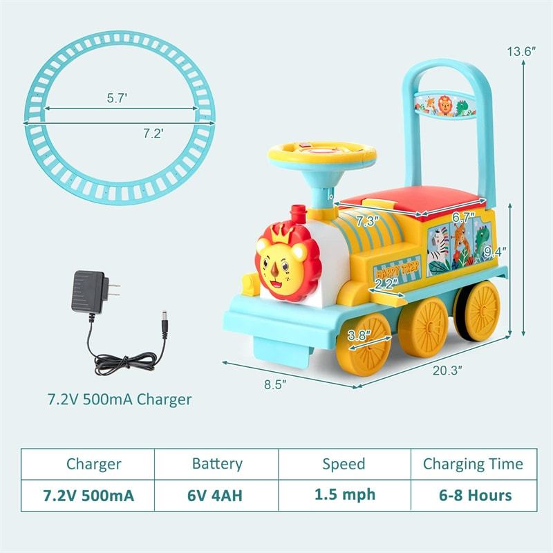 6V Electric Kids Ride On Train with Tracks, Storage Seat, Flashing Lights & Music, Battery Powered Ride-On Train Toy for Boys & Girls