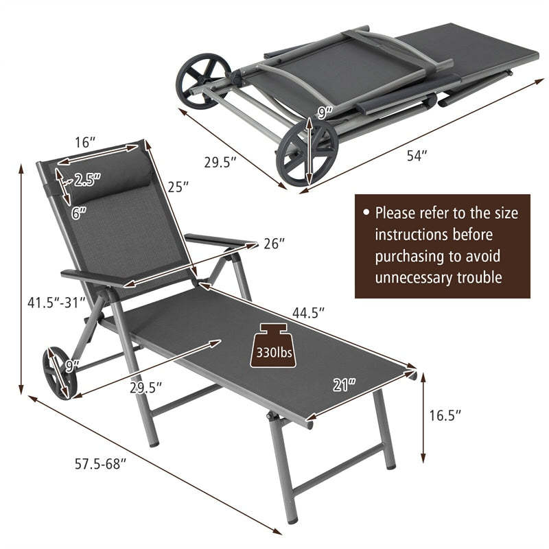Outdoor Aluminum Folding Chaise Lounge with Wheels, 7-Position Adjustable Backrest & Removable Headrest, Quick Drying Patio Lounge Chair for Poolside