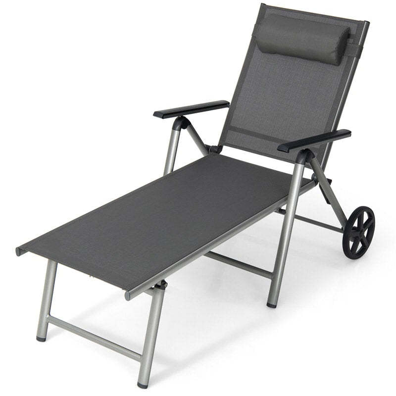 Outdoor Aluminum Folding Chaise Lounge with Wheels, 7-Position Adjustable Backrest & Removable Headrest, Quick Drying Patio Lounge Chair for Poolside