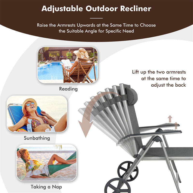 Outdoor Aluminum Folding Chaise Lounge with Wheels, 7-Position Adjustable Backrest & Removable Headrest, Quick Drying Patio Lounge Chair for Poolside