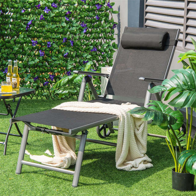 Outdoor Aluminum Folding Chaise Lounge with Wheels, 7-Position Adjustable Backrest & Removable Headrest, Quick Drying Patio Lounge Chair for Poolside