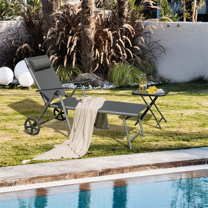 Outdoor Aluminum Folding Chaise Lounge with Wheels, 7-Position Adjustable Backrest & Removable Headrest, Quick Drying Patio Lounge Chair for Poolside