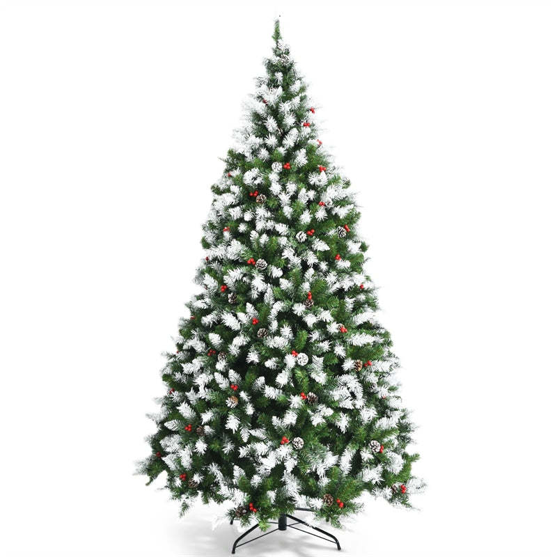 7.5ft Pre-lit Snow Flocked Christmas Tree Hinged Xmas Tree with 550 LED Lights, 8 Lighting Modes, Pine Cones & Red Berries for Holiday Festival Decor