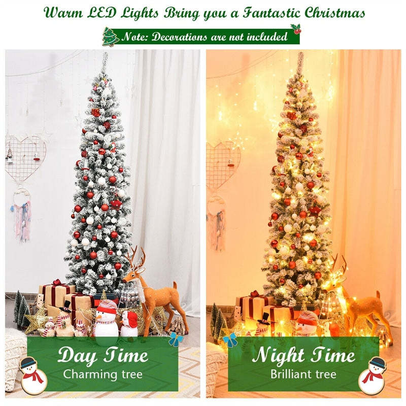 7.5ft Pre-lit Snow Flocked Artificial Pencil Christmas Tree with 350 LED Lights and Metal Stand