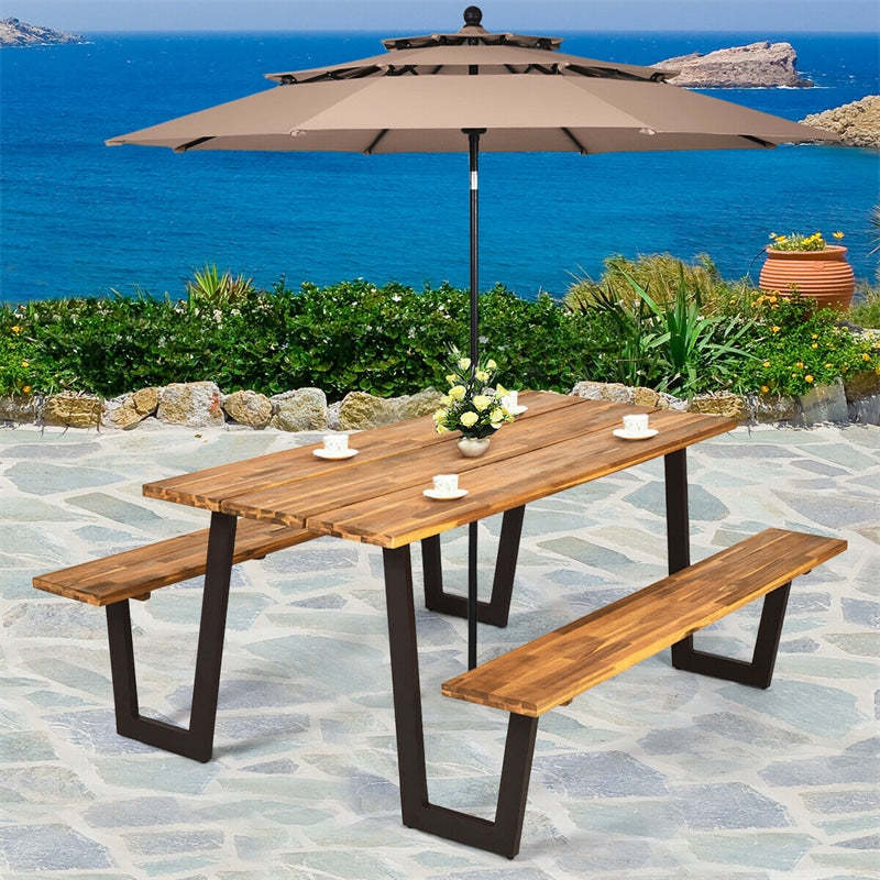Acacia Wood Picnic Table Bench Set for 6-8, Patented 70" Outdoor Dining Set with Umbrella Hole, Heavy Duty Frame, 1600lbs Capacity for Patio, Backyard