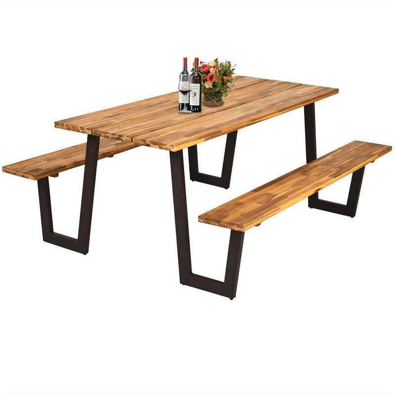 Acacia Wood Picnic Table Bench Set for 6-8, Patented 70" Outdoor Dining Set with Umbrella Hole, Heavy Duty Frame, 1600lbs Capacity for Patio, Backyard