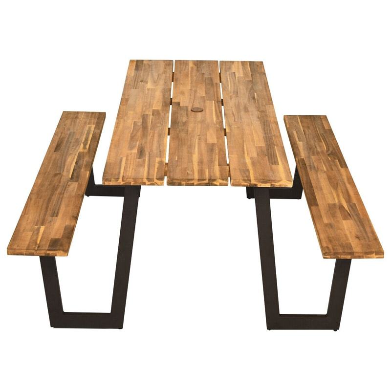 Acacia Wood Picnic Table Bench Set for 6-8, Patented 70" Outdoor Dining Set with Umbrella Hole, Heavy Duty Frame, 1600lbs Capacity for Patio, Backyard