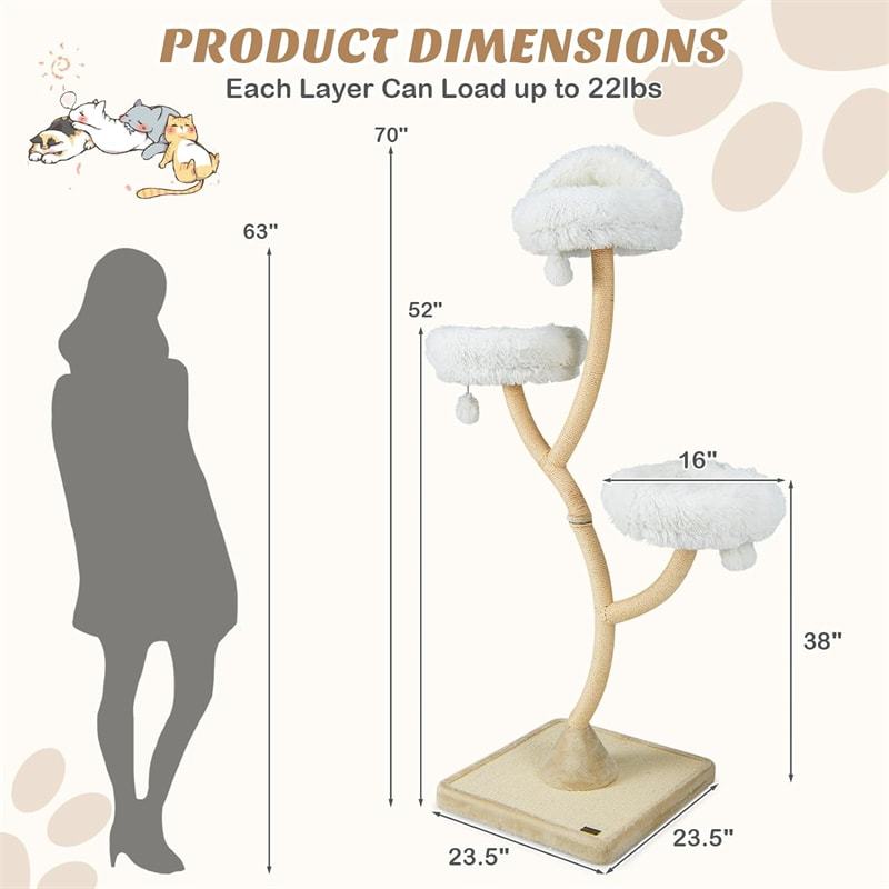 70" Tall Cat Tree, Multi-Level Cat Tower with 3 Cozy Perches, Scratching Posts, Board & Jingling Balls, Modern Cat Tree for Indoor Large Cats