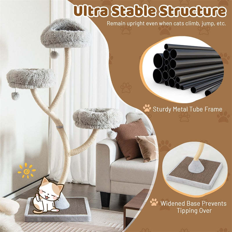 70" Tall Cat Tree, Multi-Level Cat Tower with 3 Cozy Perches, Scratching Posts, Board & Jingling Balls, Modern Cat Tree for Indoor Large Cats