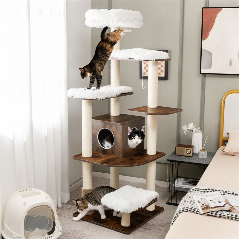 71" Tall Wood Cat Tree Modern Multi-Level Cat Tree Tower with Plush Perch, Cozy Condo, Scratching Posts, Cushions & Cat Self Groomer