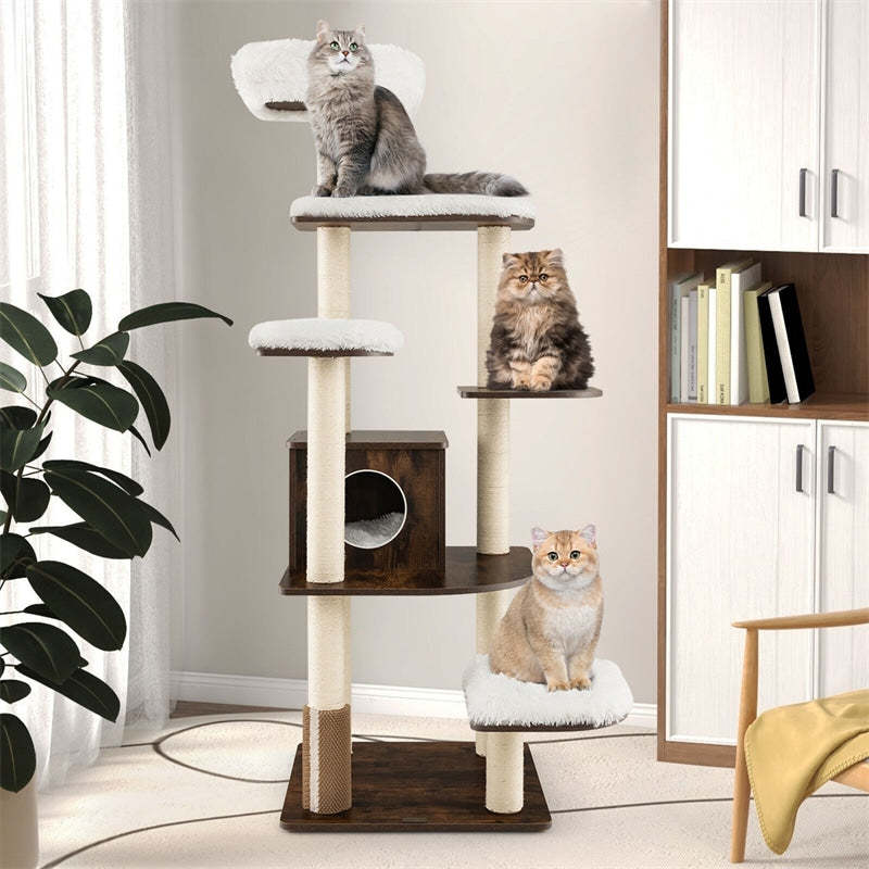 71" Tall Wood Cat Tree Modern Multi-Level Cat Tree Tower with Plush Perch, Cozy Condo, Scratching Posts, Cushions & Cat Self Groomer