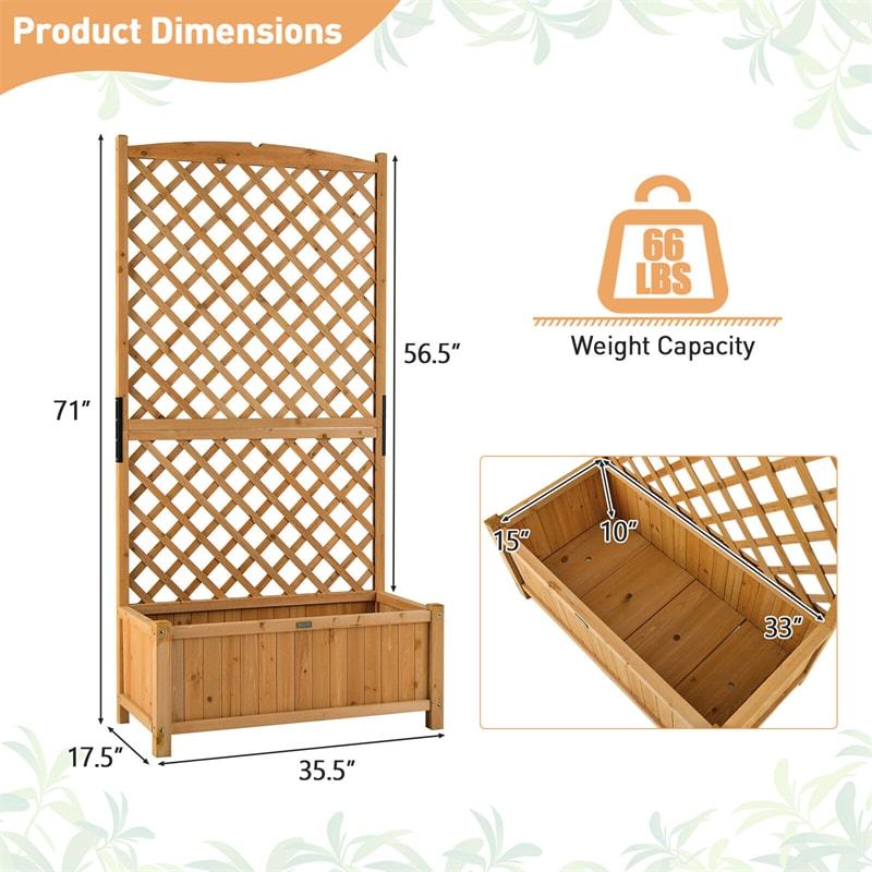 71" Wooden Raised Garden Bed with Trellis & Drainage Holes, Freestanding Planter Box for Vine Climbing Plants, Flowers, Indoor/Outdoor Yard Balcony