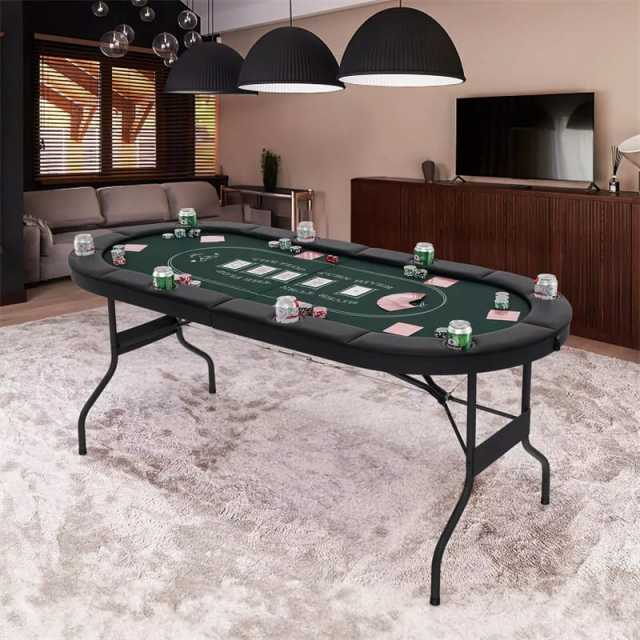 72" Foldable Poker Table, 8-Player Texas Holdem Card Table with Cup Holders, Casino Grade Felt, Portable Oval Blackjack Table for Home Game Room