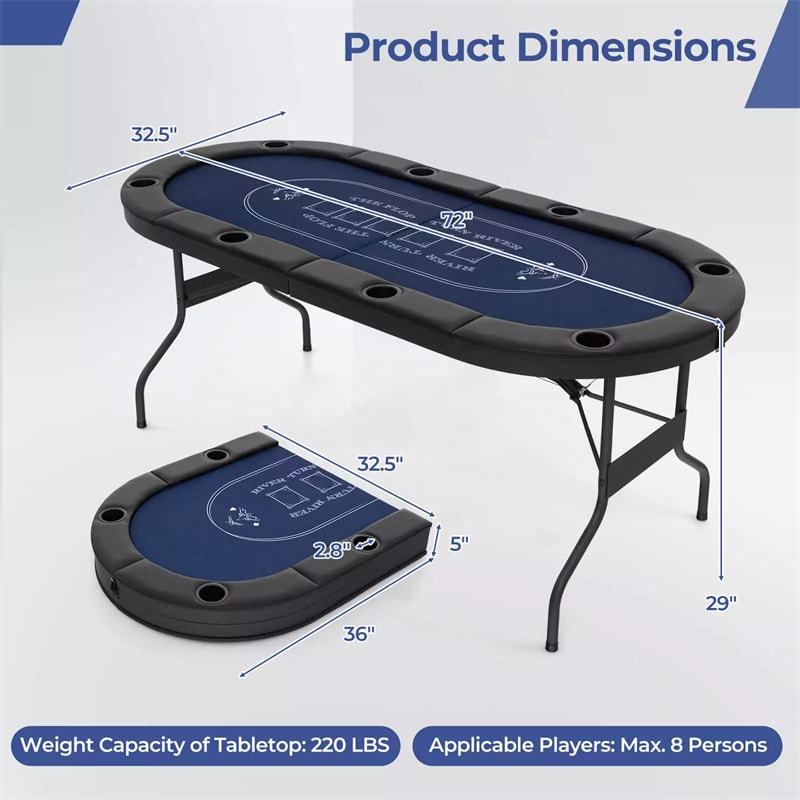 72" Foldable Poker Table, 8-Player Texas Holdem Card Table with Cup Holders, Casino Grade Felt, Portable Oval Blackjack Table for Home Game Room