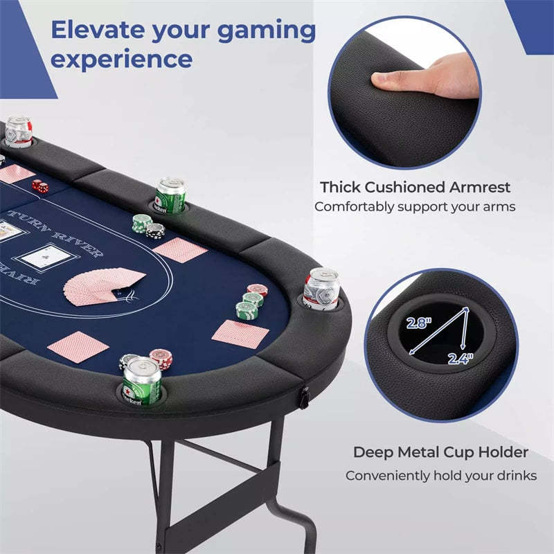 72" Foldable Poker Table, 8-Player Texas Holdem Card Table with Cup Holders, Casino Grade Felt, Portable Oval Blackjack Table for Home Game Room