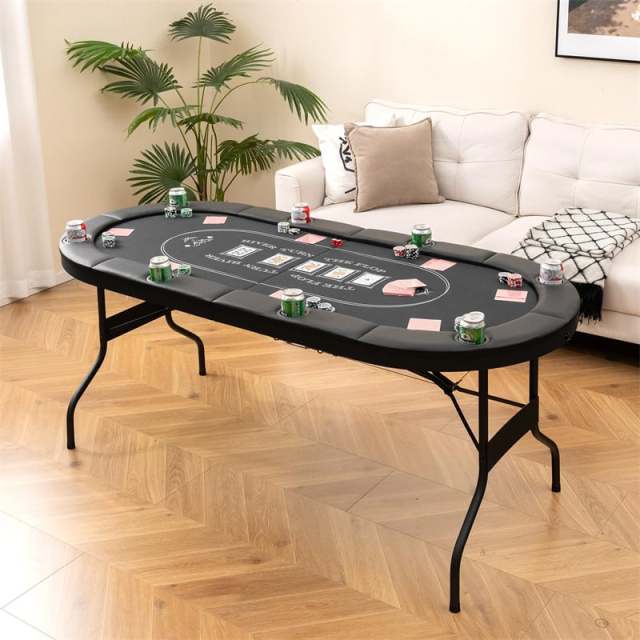 72" Foldable Poker Table, 8-Player Texas Holdem Card Table with Cup Holders, Casino Grade Felt, Portable Oval Blackjack Table for Home Game Room