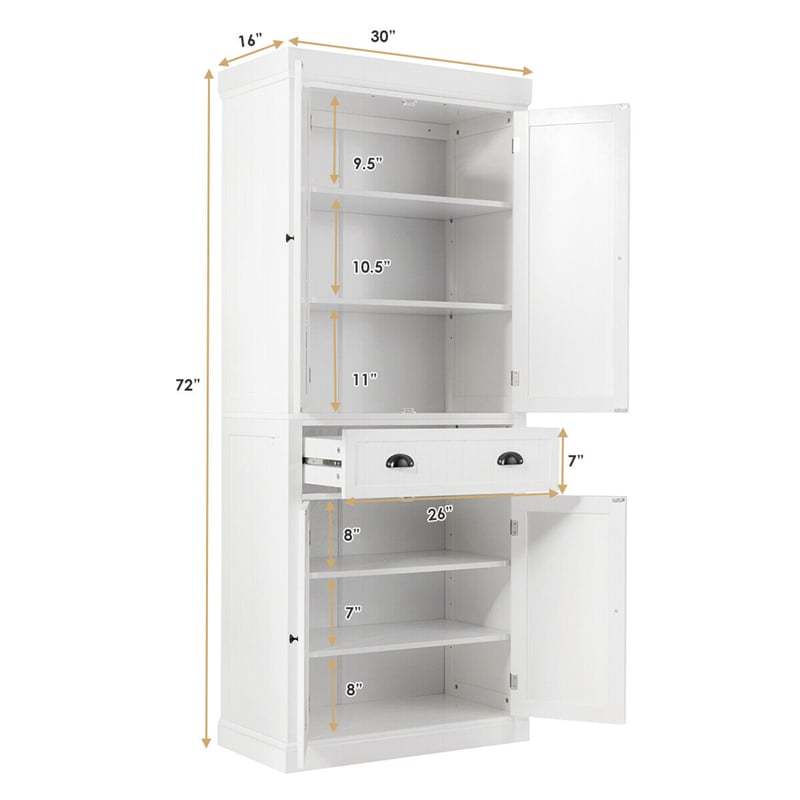 72" H Kitchen Pantry Cabinet, Freestanding Cupboard Traditional Large Tall Storage Cabinet with Drawers, Adjustable Shelves for Living Room