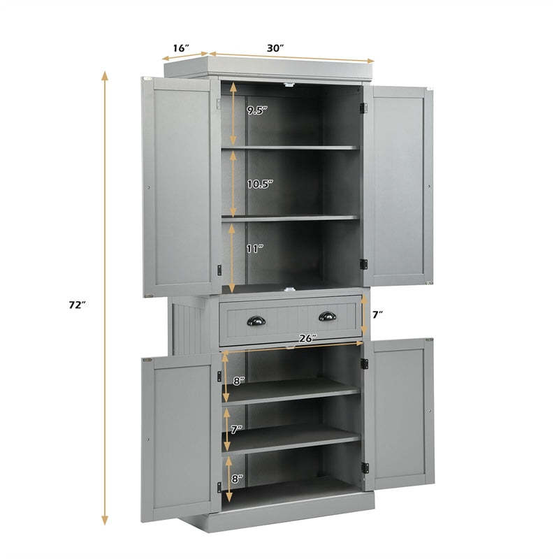 72" H Kitchen Pantry Cabinet, Freestanding Cupboard Traditional Large Tall Storage Cabinet with Drawers, Adjustable Shelves for Living Room