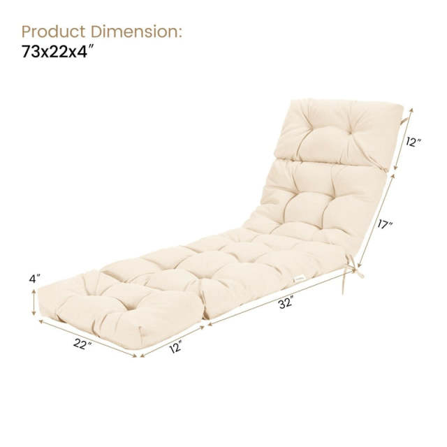 73" Thick Waterproof Outdoor Chaise Lounge Cushion with String Ties, All-Weather Patio Recliner Chair Pad for Poolside, Garden & Indoor Use
