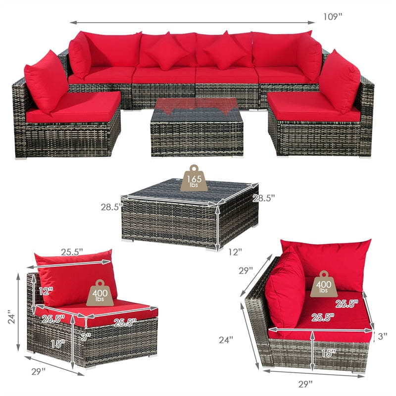 7PCS PE Rattan Modular Outdoor Sectional Set with Tempered Glass Top Table & Cushions, Patio Sofa Furniture for Backyard, Poolside Garden