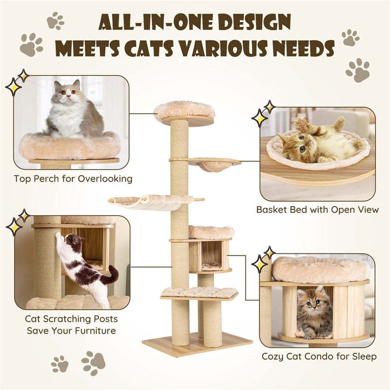 75" Tall Cat Tree, Multi-Level Cat Tree Tower with Cat Condo, Sisal Scratching Posts, Hammocks, Basket Bed & Washable Cushions for Large Indoor Cats