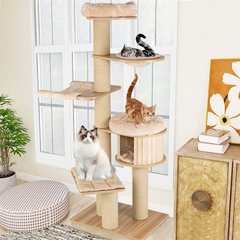 75" Tall Cat Tree, Multi-Level Cat Tree Tower with Cat Condo, Sisal Scratching Posts, Hammocks, Basket Bed & Washable Cushions for Large Indoor Cats
