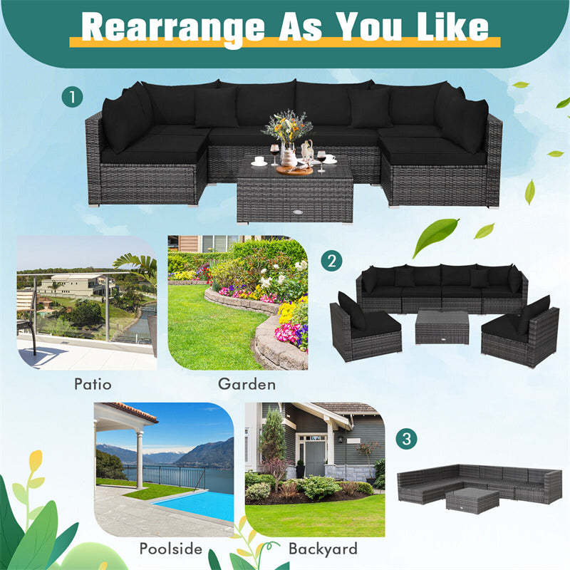 7PCS PE Rattan Modular Outdoor Sectional Set with Tempered Glass Top Table & Cushions, Patio Sofa Furniture for Backyard, Poolside Garden
