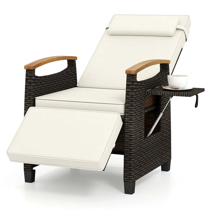 Outdoor Wicker Recliner Chair with Adjustable Backrest, Footrest, Flip Side Table & Cushion, Patio Rattan Chaise Lounge for Backyard Porch