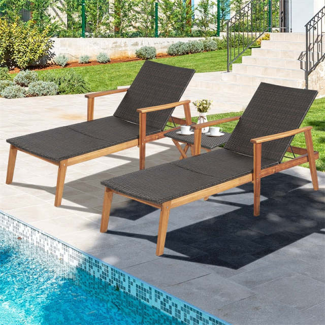 3 Piece Patio Rattan Chaise Lounge Chair & Folding Side Table Set, Acacia Wood Outdoor Recliner w/4-Position Adjustable Backrest for Poolside Backyard