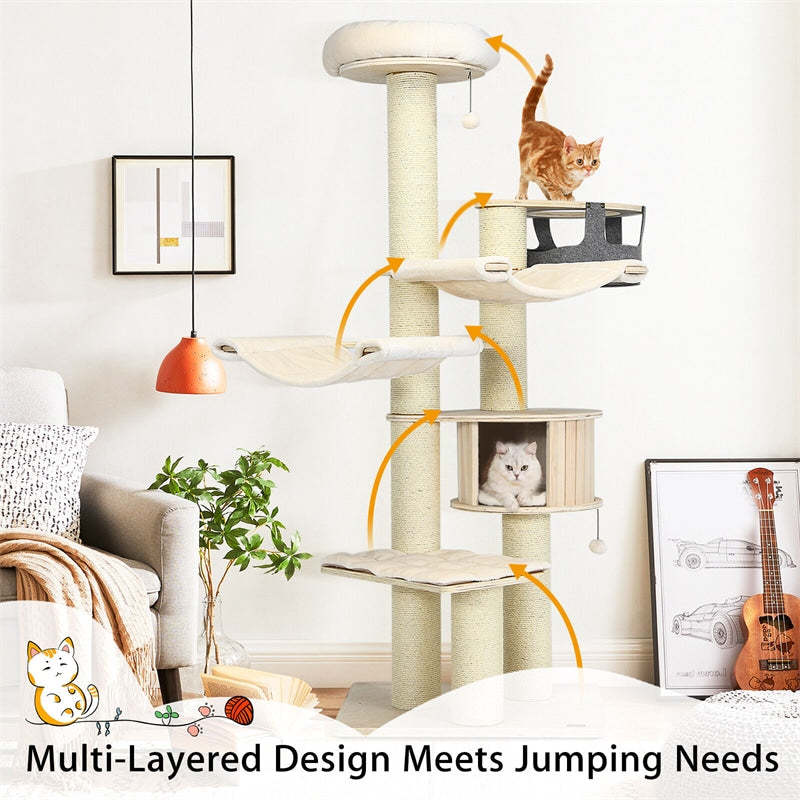 77.5" Tall Modern Cat Tree Multi-Level Large Cat Tower with Cat Condo, Hammocks, Hanging Basket, Scratching Post & Removable Pads
