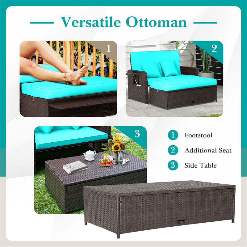Patio Rattan Daybed Set, Outdoor Wicker Loveseat Sofa w/Multipurpose Ottoman, Retractable Side Tray, 4-Level Adjustable Backrest & Cushions