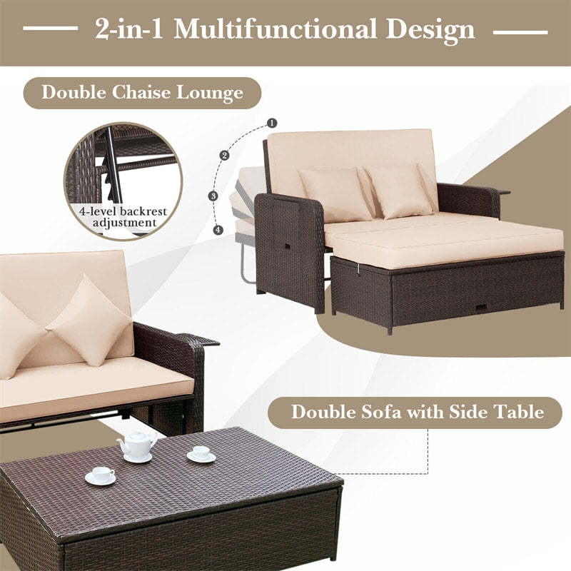 Patio Rattan Daybed Set, Outdoor Wicker Loveseat Sofa w/Multipurpose Ottoman, Retractable Side Tray, 4-Level Adjustable Backrest & Cushions