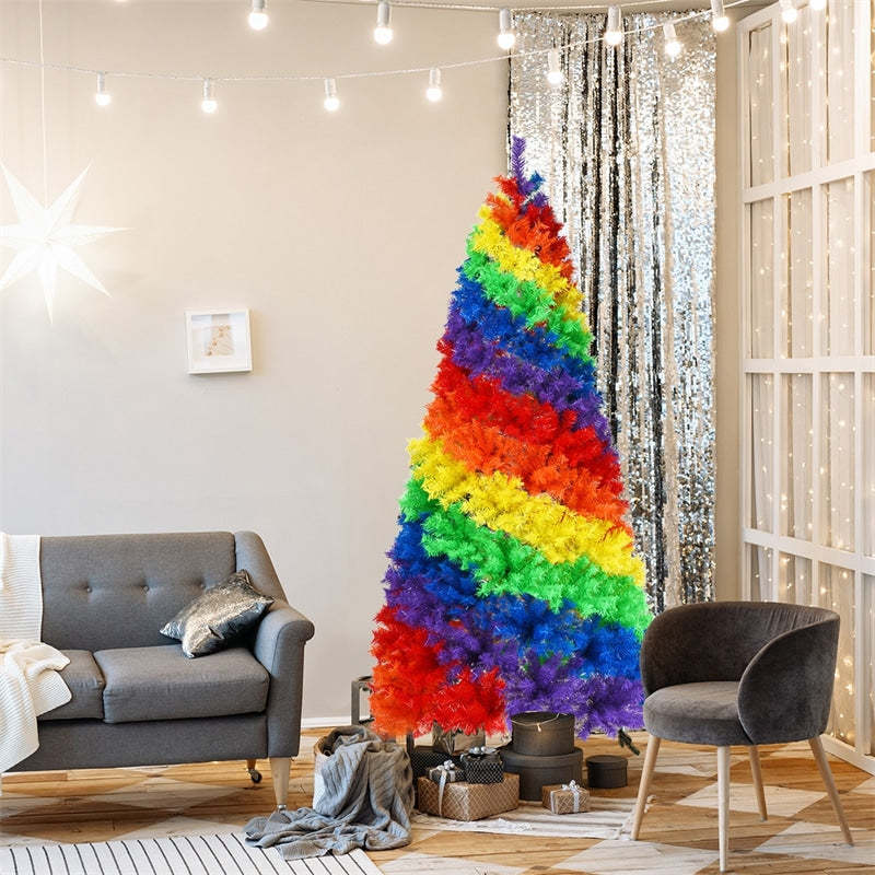 7FT Colorful Rainbow Christmas Tree Hinged Artificial Full Fir Xmas Tree with Metal Stand