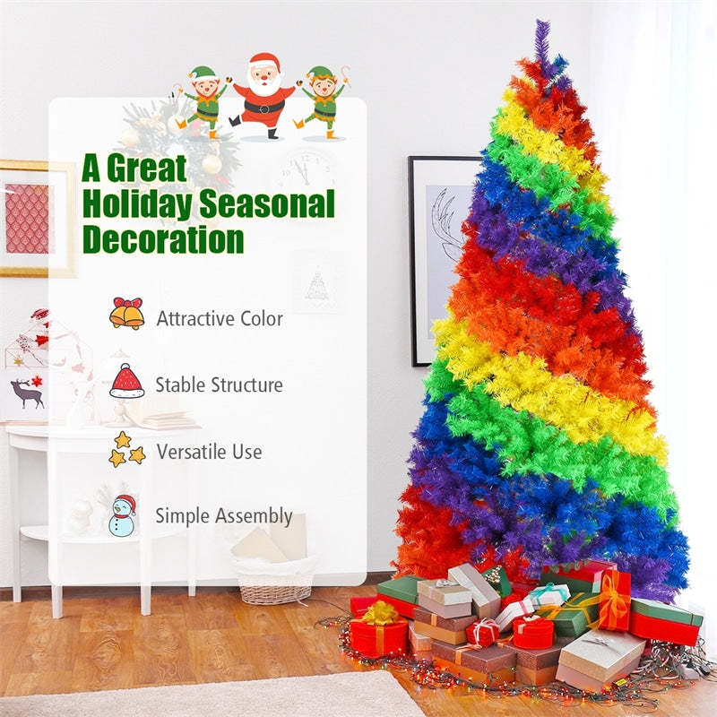 7FT Colorful Rainbow Christmas Tree Hinged Artificial Full Fir Xmas Tree with Metal Stand