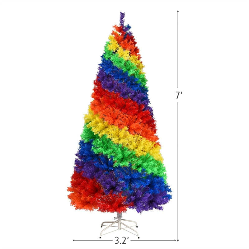 7FT Colorful Rainbow Christmas Tree Hinged Artificial Full Fir Xmas Tree with Metal Stand
