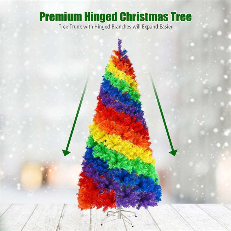 7FT Colorful Rainbow Christmas Tree Hinged Artificial Full Fir Xmas Tree with Metal Stand