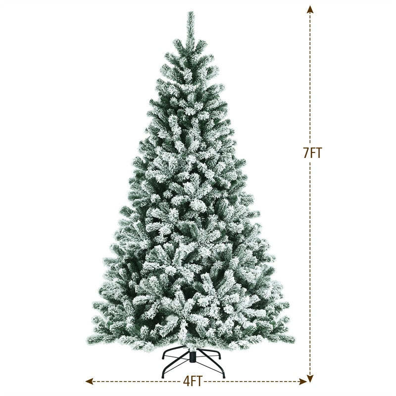 7FT Snow Flocked Christmas Tree Pre-Lit Hinged Artificial Xmas Tree with 450 LED Lights, 1116 Branch Tips & Folding Metal Stand for Home Party Decor