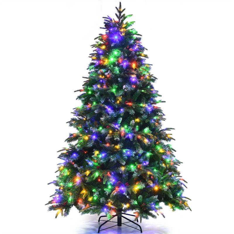 7FT Pre-Lit Artificial Christmas Tree with 450 Multicolor LED Lights, 11 Flash Modes, 1315 Branch Tips, 43 Pinecones & Red Berries for Holiday Decor