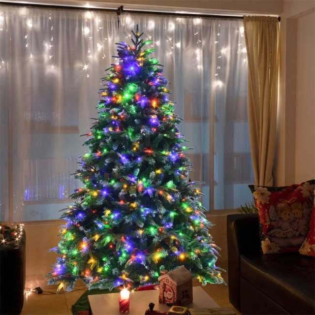 7FT Pre-Lit Artificial Christmas Tree with 450 Multicolor LED Lights, 11 Flash Modes, 1315 Branch Tips, 43 Pinecones & Red Berries for Holiday Decor