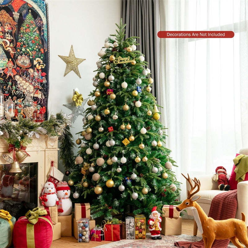 7FT Pre-Lit Artificial Christmas Tree with 450 Multicolor LED Lights, 11 Flash Modes, 1315 Branch Tips, 43 Pinecones & Red Berries for Holiday Decor