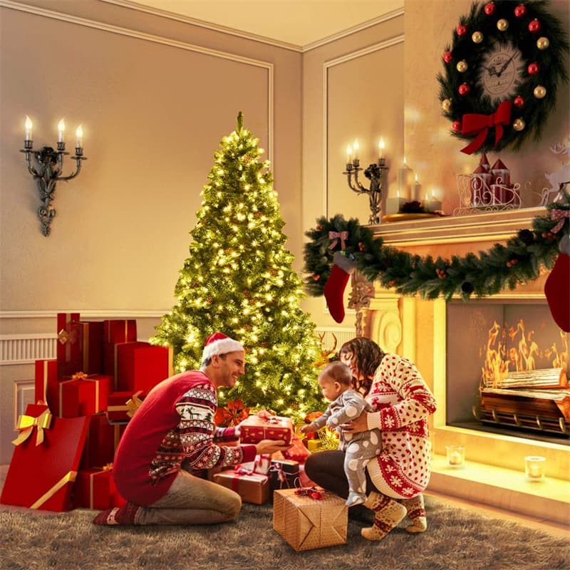 7/7.5/8 Feet Pre-Lit Artificial Christmas Tree Premium Spruce Hinged Tree with LED Lights & Pine Cones, Xmas Tree for Holiday Indoor Décor