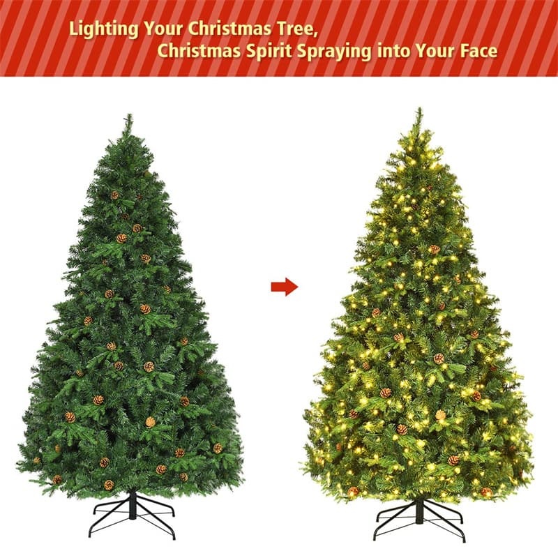 7/7.5/8 Feet Pre-Lit Artificial Christmas Tree Premium Spruce Hinged Tree with LED Lights & Pine Cones, Xmas Tree for Holiday Indoor Décor