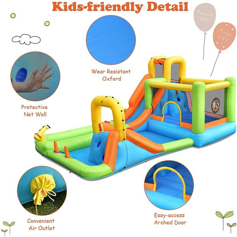 Inflatable Water Slide, 8-in-1 Mega Waterslide Park Bounce House with 735W Blower, Splash Pool & Long Slide for Backyard Parties, Kids & Adults
