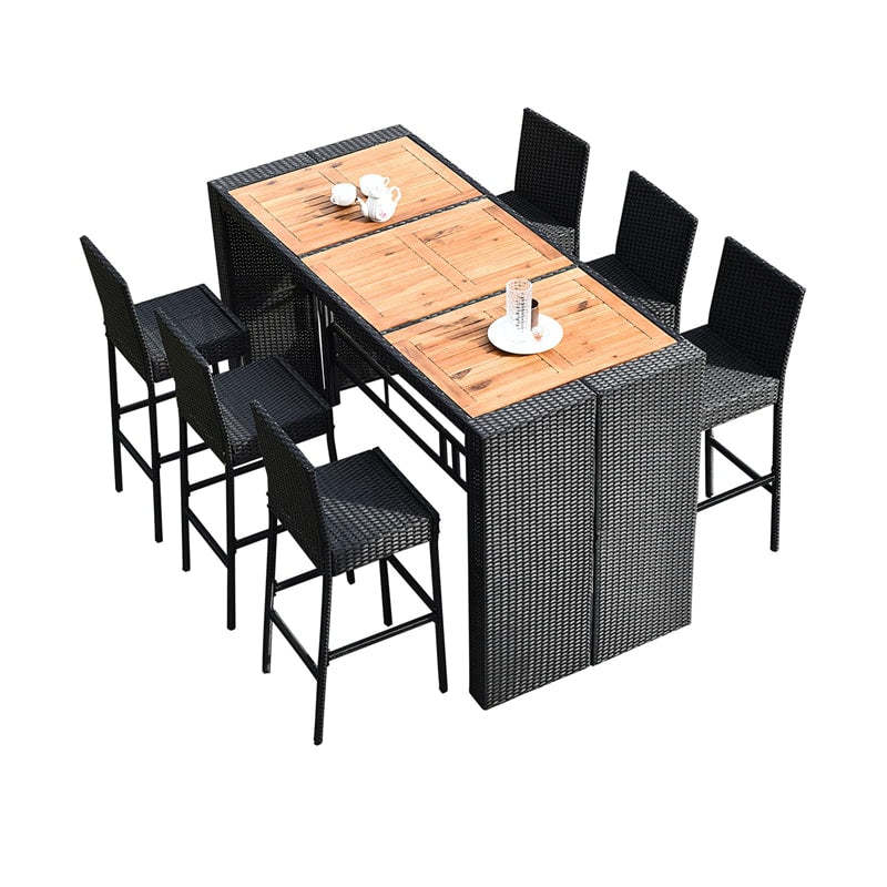 7-Piece Wicker Outdoor Bar Set with Acacia Wood Table Top, 6 Bar Stools & Removable Cushions, Rattan Patio Furniture for Poolside, Backyard, Dining