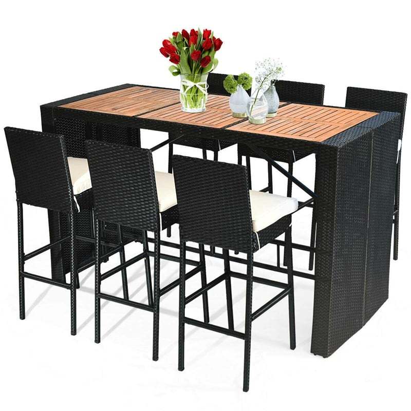 7-Piece Wicker Outdoor Bar Set with Acacia Wood Table Top, 6 Bar Stools & Removable Cushions, Rattan Patio Furniture for Poolside, Backyard, Dining