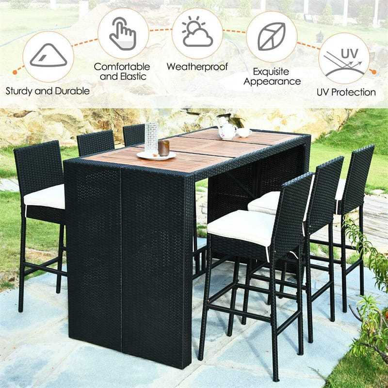 7-Piece Wicker Outdoor Bar Set with Acacia Wood Table Top, 6 Bar Stools & Removable Cushions, Rattan Patio Furniture for Poolside, Backyard, Dining