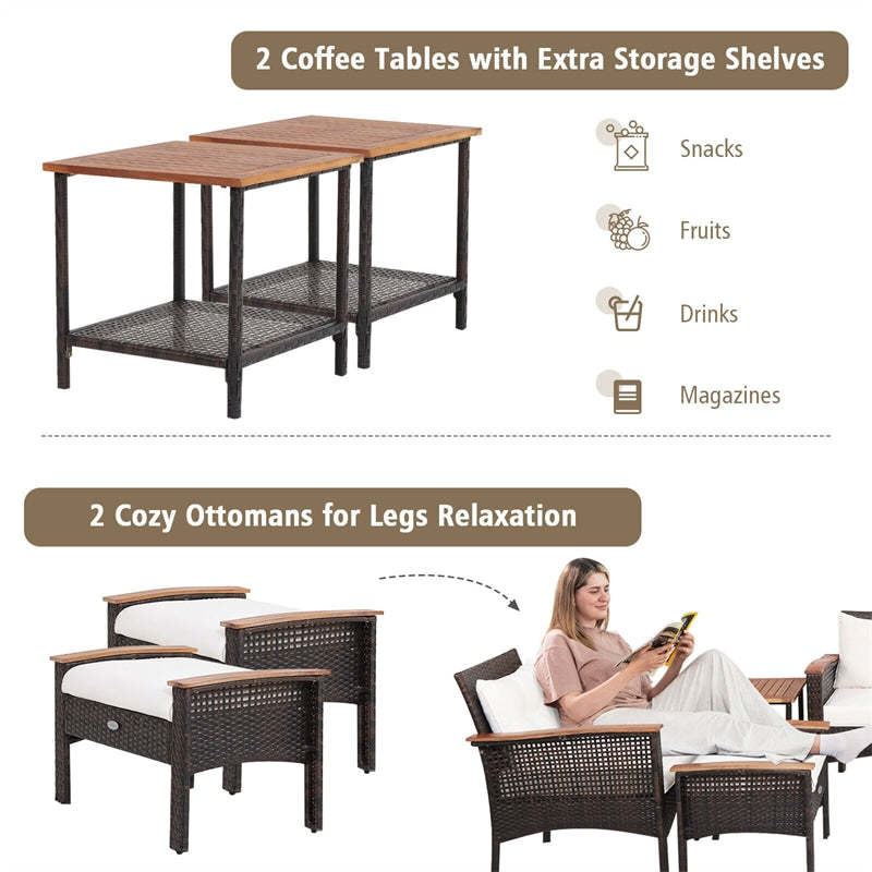 7 Piece PE Wicker Outdoor Conversation Set Patio Cushioned Furniture Set with 2 Ottomans, 2 Storage Side Tables & Acacia Wood Tabletop